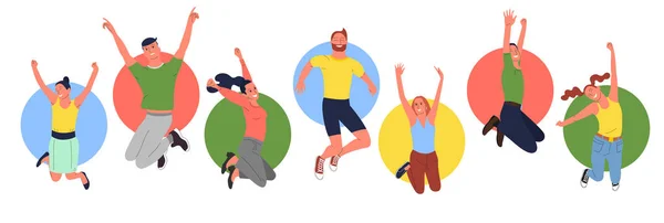 Conjunto de jóvenes felices sonriendo en las poses de salto con colorido — Vector de stock