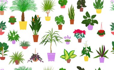 Seamless pattern from different house plants in colorful flower pots. Vector. clipart