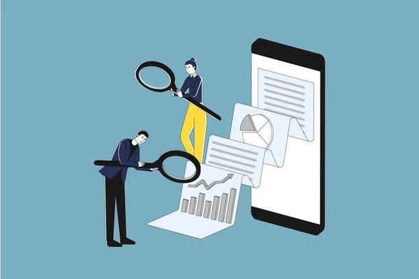 İş adamı büyüteçten büyük akıllı telefondan gelen belgeye bakıyor, düz vektör çizimi, dijital denetim kavramı