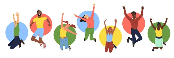 Eine Gruppe junger fröhlich lächelnder Menschen in hüpfenden Posen mit bunten Kreisen auf dem Hintergrund. Frauen und Männer, die aktiv sind. isoliert auf weiß. flacher Vektor. — Stockvektor