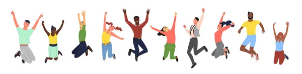 Una folla di giovani felici sorridenti che saltano in posa. Set di persone attive femminili e maschili. Isolato su sfondo bianco. vettore di stile piatto. — Vettoriale Stock