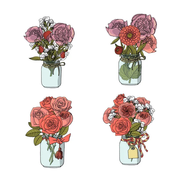 Hand drawn doodle style bouquets of different flowers: rose, peony, stock flower, sweet pea. isolated on white background. vector — 스톡 벡터