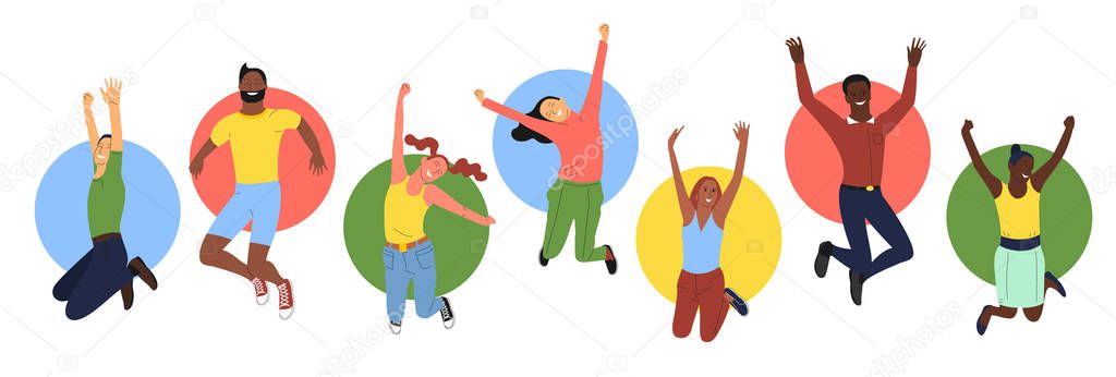 Set of young happy smiling people in jumping poses with colorful circles on background. Set of female and male active people. Isolated on white. Flat style vector.