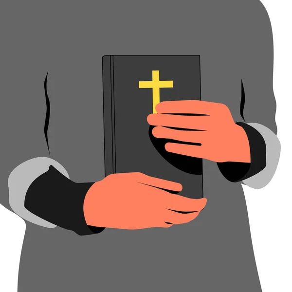 Ιερέας κρατάει την Αγία Γραφή στα χέρια του, κοντά στο βιβλίο. Μπλε φόντο. Επίπεδη διανυσματική απεικόνιση — Διανυσματικό Αρχείο