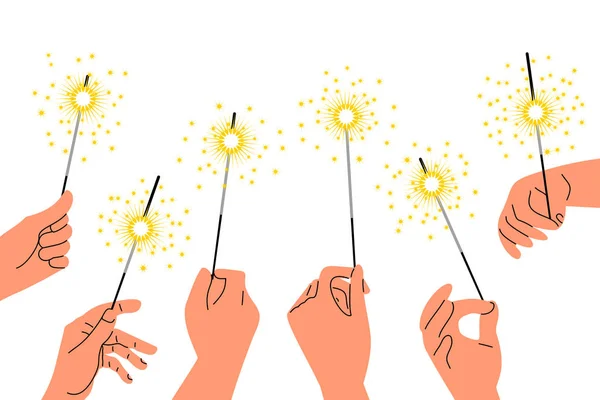 Bengal lambaları tutan beyaz eller. Mavi arka plan. Düz vektör.