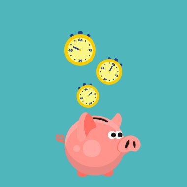 Sarı kronometreler pembe kumbara içine düşüyor, zaman para konseptidir, vektör illüstrasyonu