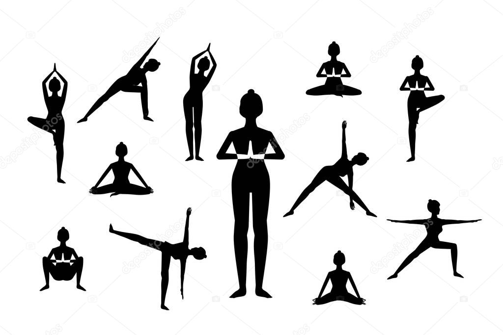 set of woman in different yoga poses, names of asanas text, flat
