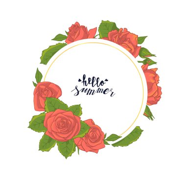 Pembe gül buketli yuvarlak çerçeve. Merhaba el yazısı çizilmiş yazı. Vektör illüstrasyonu.