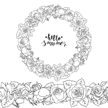 El çizimi karalama tarzı çelenk ve tek renkli güllerle dikişsiz fırça. Klasik çiçek tasarım elementi. Beyaz arka planda izole edilmiş. vektör illüstrasyonu.