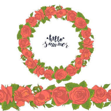 El çizimi karalama tarzı çelenk ve pembe güllü dikişsiz fırça. Klasik çiçek tasarım elementi. Beyaz arka planda izole edilmiş. vektör illüstrasyonu