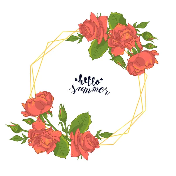 手描きピンクのバラの花の花束と丸多角形の黄金のラインフレーム。グリーティングカードのテンプレート。こんにちは夏のテキスト. — ストックベクタ