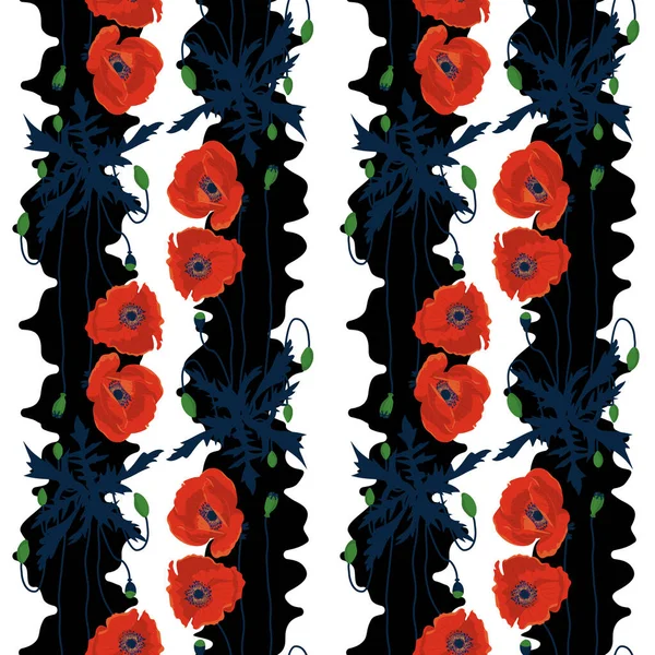 Motif sans couture avec des fleurs de pavot rouge dessinées à la main sur fond rayures noires et blanches. Illustration vectorielle — Image vectorielle