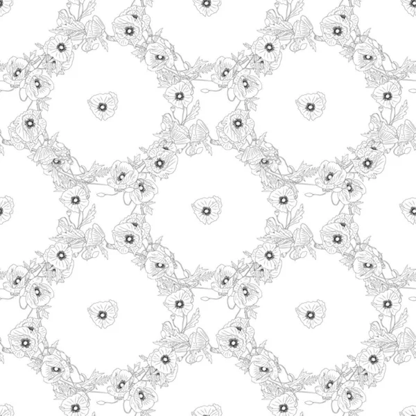 Seamless pattern with hand drawn monochrome poppy flowers on white background. Vector illustration — Stock Vector