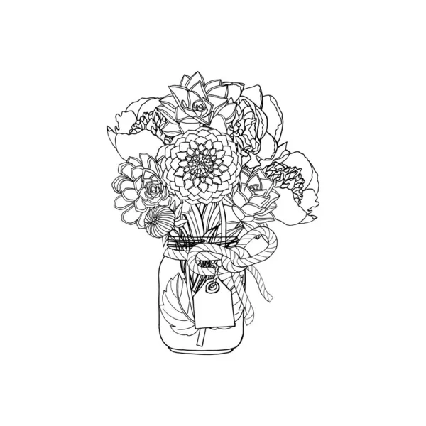 Handgezeichnetes Doodle Bouquet Aus Verschiedenen Blumen Sukkulente Pfingstrose Dahlie Isoliert — Stockvektor