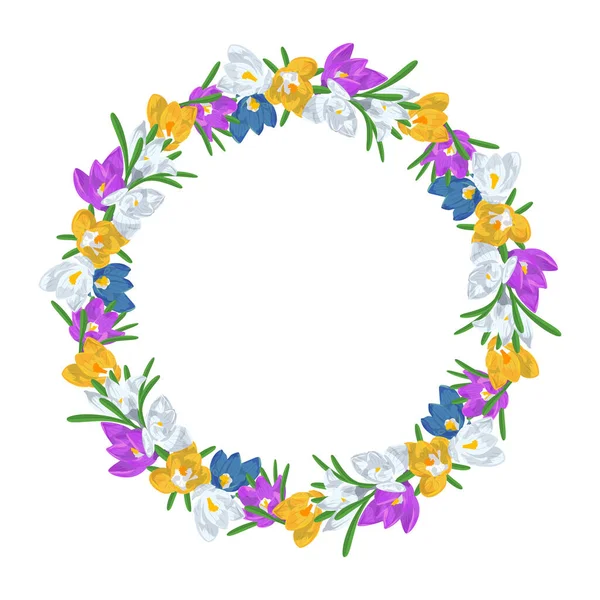 手をカラフルなクロッカスの花の円形の花輪を描いた 花のデザイン要素 白い背景に隔離されている ベクターイラスト — ストックベクタ