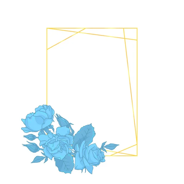 手描きの青いバラの花の花束と長方形の黄金のラインフレーム グリーティングカードのテンプレート ベクターイラスト — ストックベクタ
