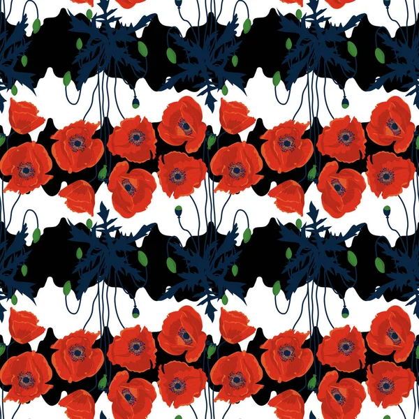 Seamless Pattern Hand Drawn Red Poppy Flowers Black White Stripes — Stock Vector