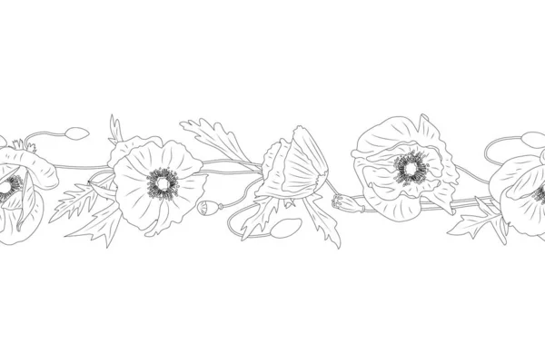 Einfarbig Nahtloser Pinsel Mit Handgezeichneten Mohnblumen Vereinzelt Auf Weißem Hintergrund — Stockvektor