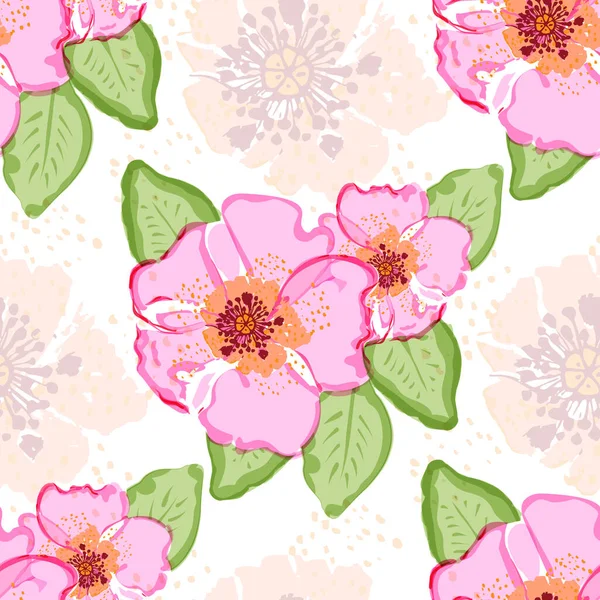 Bunte florale Nahtloses Muster mit handgezeichneten Hunderosenblüten auf weißem Hintergrund. Vektorillustration — Stockvektor