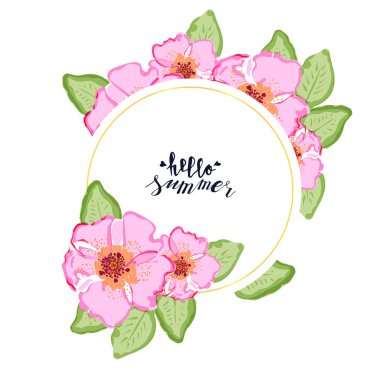 Elle süslenmiş yuvarlak afiş renkli köpek gülü çiçekleri. Beyaz arka planda izole edilmiş. Stock Vektör illüstrasyonu.