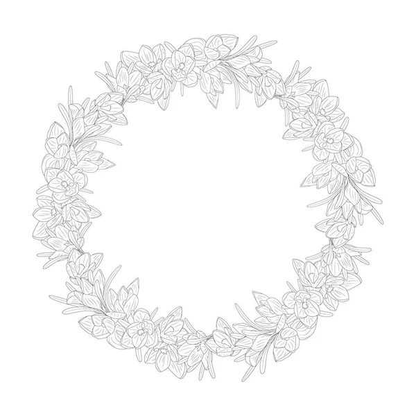 Ręcznie rysowane monochromatyczne kwiaty krokusa okrągłe wieńce. Element kwiatowy. Odizolowany na białym tle. Ilustracja wektora — Wektor stockowy
