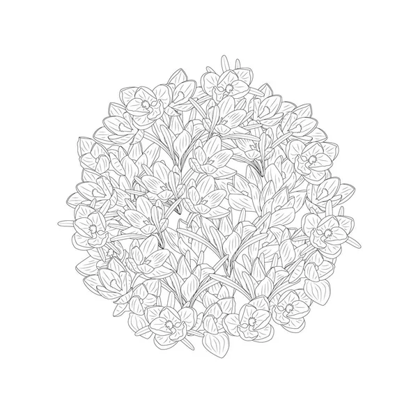 Ručně kreslené monochromatické krokus květiny kulaté uspořádání. Květinový designový prvek. Izolované na bílém pozadí. Vektorová ilustrace — Stockový vektor