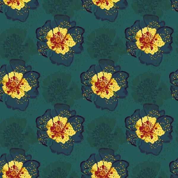 Motif floral coloré sans couture avec des fleurs de rose de chien dessinées à la main sur fond bleu. Illustration vectorielle . — Image vectorielle