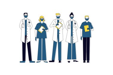 Tıp çalışanları koleksiyonu. Sağlık ekibi fase maskelerini indiriyor. Beyaz arka planda izole edilmiş. Düz biçim vektör illüstrasyonu