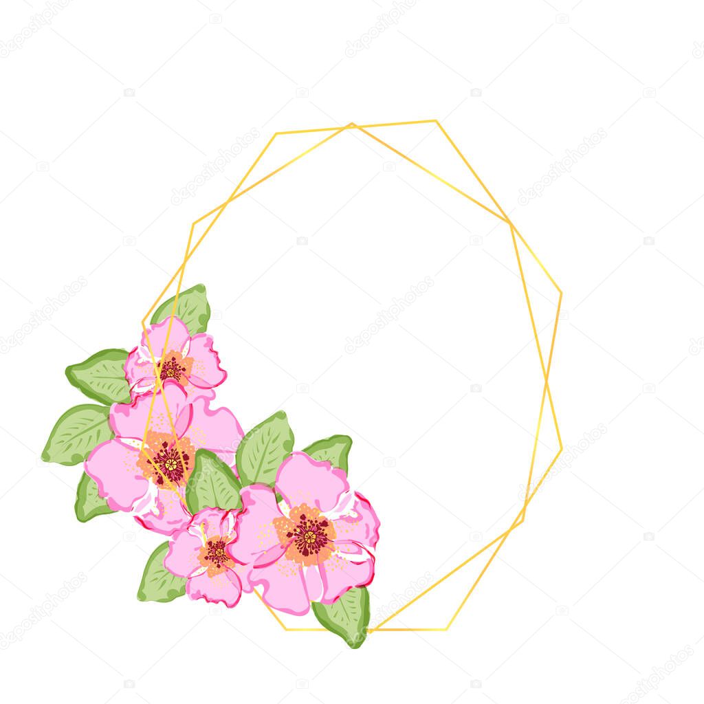 Decorated oval polygonal greeting card template with floral motif, dog rose flowers decoration. Isolated on white background. Vector illustration.