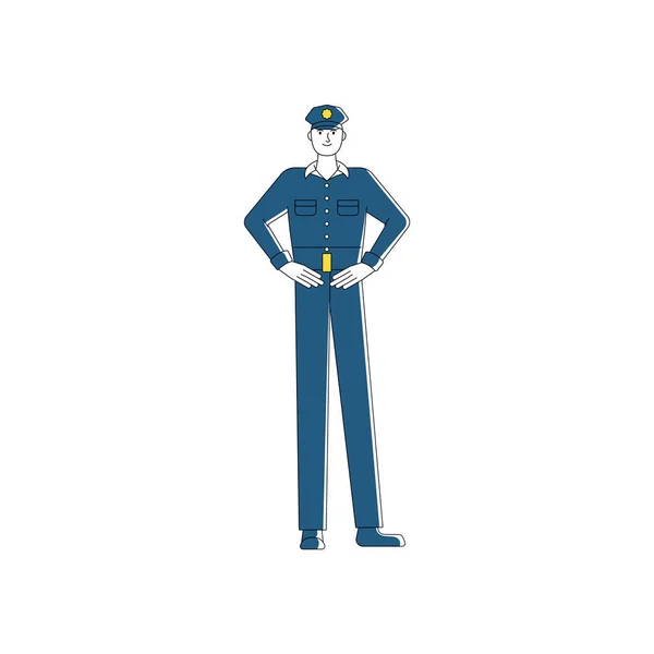 Standing Cheerful Police Officer Isolated White Background Flat Style Vector — Stock Vector