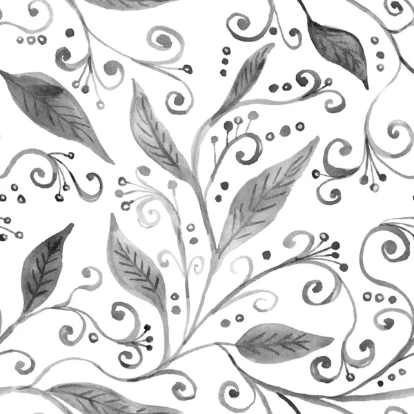 花白地に手描き単色の水彩抽象的な葉を持つシームレスなパターン ストックイラスト — ストック写真