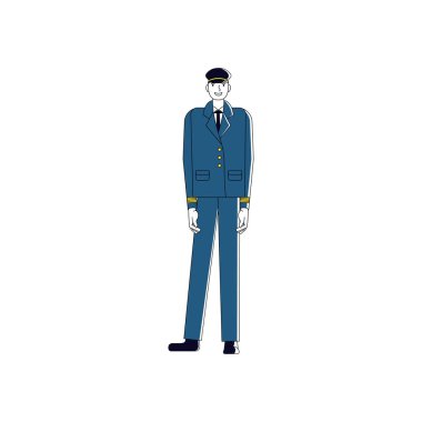 Neşeli gemi kaptanı ayakta. Beyaz arka planda izole edilmiş. Düz biçim vektör illüstrasyonu.