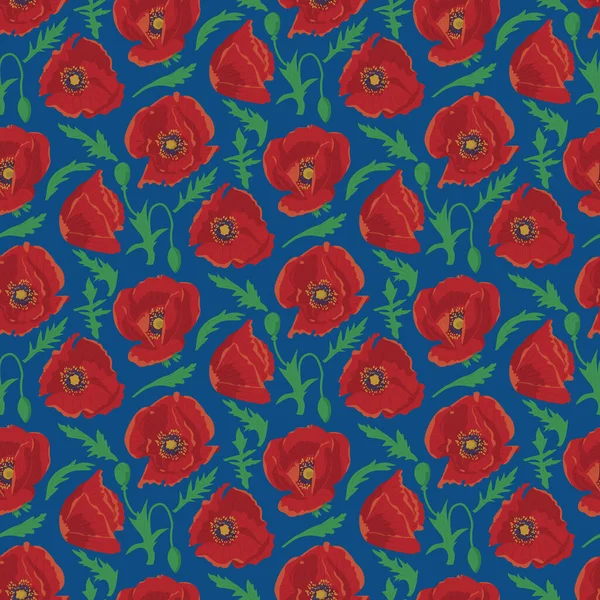青い背景に手描きの赤いポピーの花とシームレスなパターン ベクターイラスト — ストックベクタ