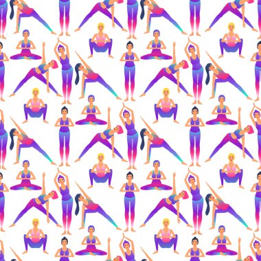 Güzel kızların yoga pozları verdiği kusursuz bir düzen. Beyaz arkaplanda