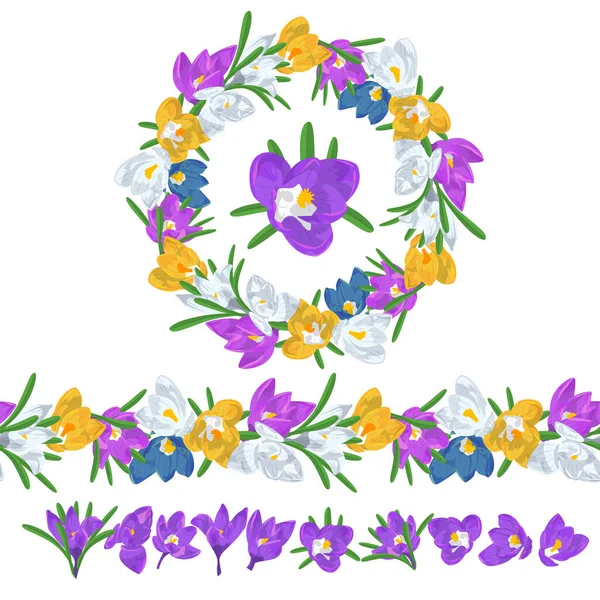 手描きのカラフルなクロッカスの花円形の花輪とシームレスブラシ 花のデザイン要素 白い背景に隔離されている ベクターイラスト — ストックベクタ