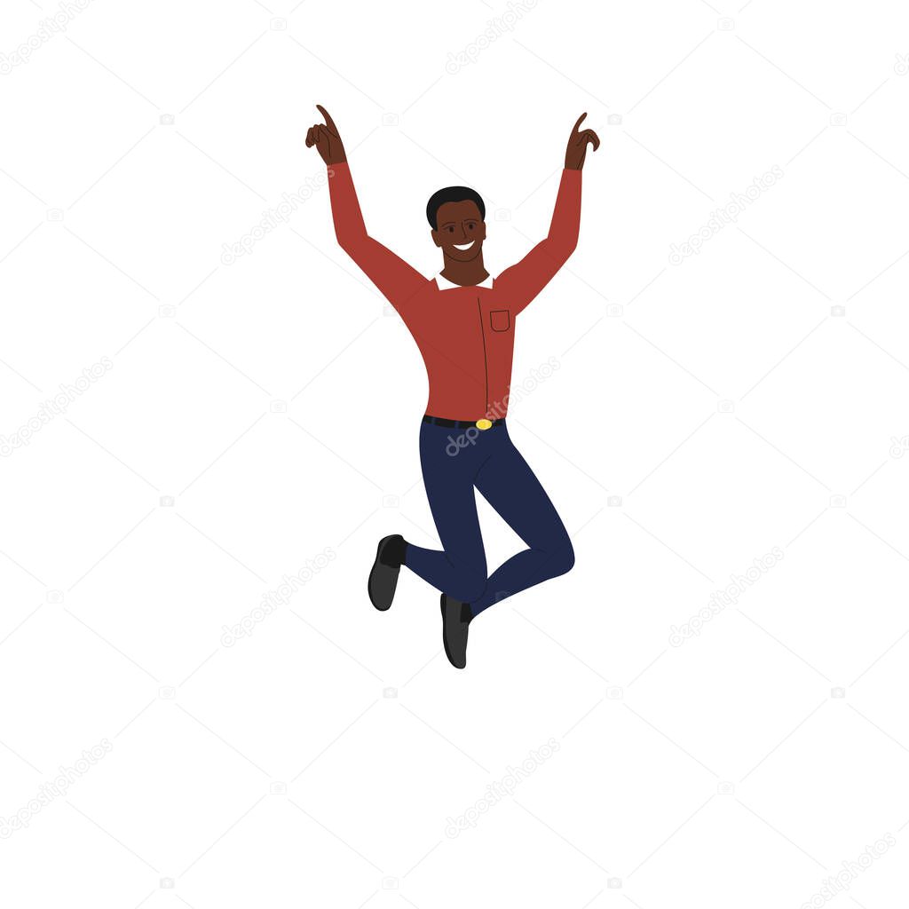 Cheerful dark skin man jumping in joy. Isolated on white background. Flat style vector illustration.