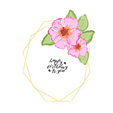 Çiçek motifli oval çokgen tebrik kartı şablonu, köpek gülü çiçek süslemesi. Beyaz arka planda izole edilmiş. Vektör illüstrasyonu.