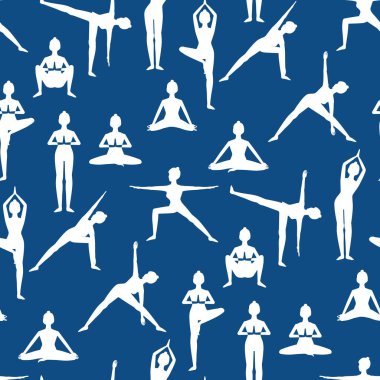 Güzel kızların yoga yaptığı kusursuz desenler beyaz siluetler oluşturuyor. Mavi arkaplanda.