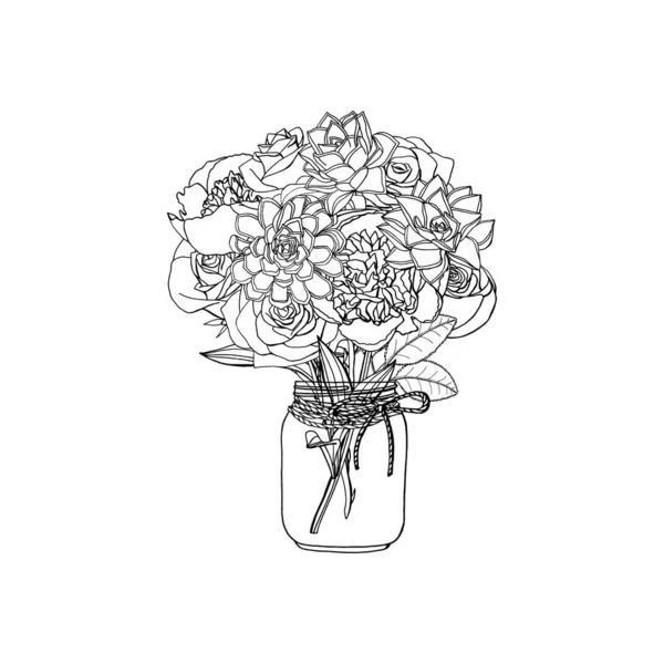 Handgetekend doodle stijl boeket van verschillende bloemen, sappig, pioen, roos — Stockvector