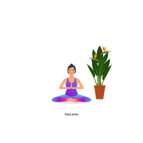 Bella ragazza sta facendo seduta posa yoga. Un messaggio con il nome Asana. isolato su sfondo bianco — Vettoriale Stock