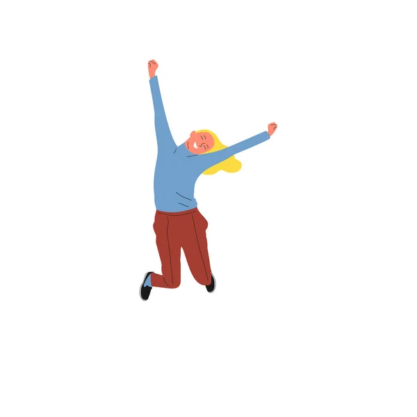 Menina caucasiana alegre está pulando de alegria. Isolado em fundo branco. Ilustração vetorial de estilo plano —  Vetores de Stock