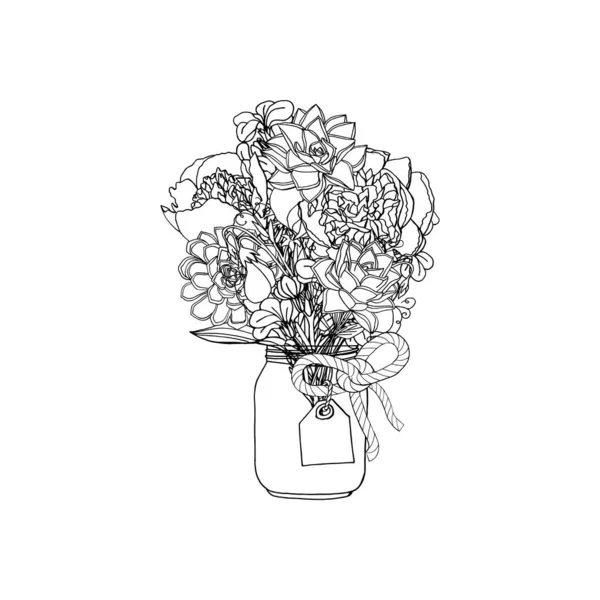 Buquê Estilo Doodle Desenhado Mão Flores Diferentes Suculento Peônia Flor —  Vetores de Stock