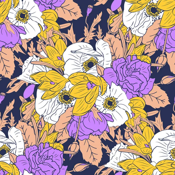 Bunte Florale Nahtlose Muster Mit Handgezeichneten Rosen Mohn Und Krokusblüten — Stockvektor