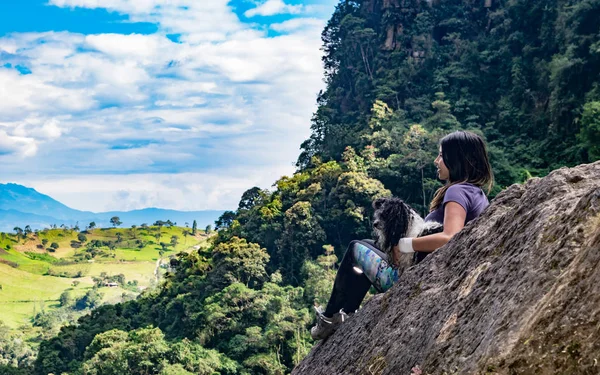 Kadın ve köpeğini bir kaya, ilk pho ufukta düşünürken
