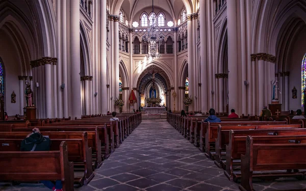 BOGOTA, COLOMBIA - 26 Ocak 2019: Bogota, Kolombiya 'daki en temsili kiliselerden biri olan Lourdes Leydisi Katedrali' nin içi
