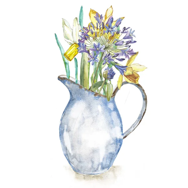 Flores de primavera narciso en jarra de esmalte. Aislado sobre fondo blanco. Acuarela ilustración dibujada a mano. Diseño de Pascua . — Foto de Stock