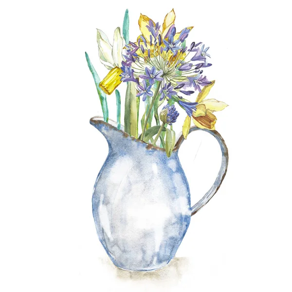 Spring flowers narcissus in enamel jug. Isolated on white background. Watercolor hand drawn illustration. Easter design. — Stock Photo, Image