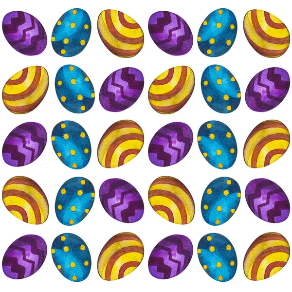 Pasen achtergrond met eieren. Aquarel hand getrokken op witte achtergrond. Decoratief patroon in felle kleuren. — Stockfoto
