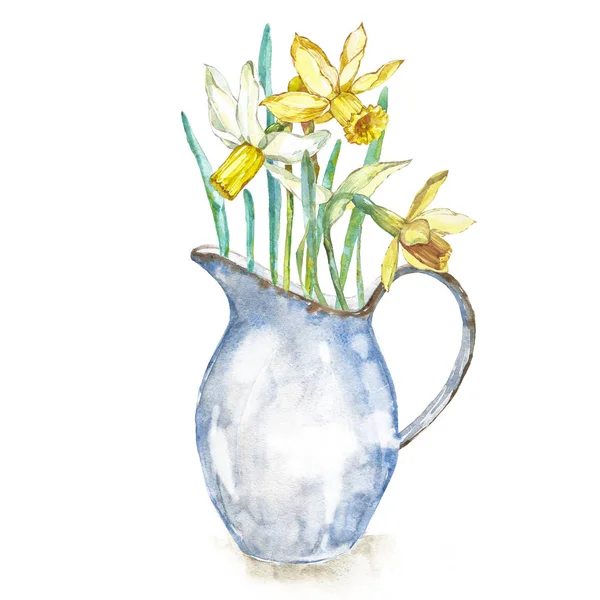 Tavaszi virágok nárcisz zománc kancsóban. Elszigetelt fehér background. Akvarell kézzel rajzolt ábrán. Húsvéti design. — Stock Fotó