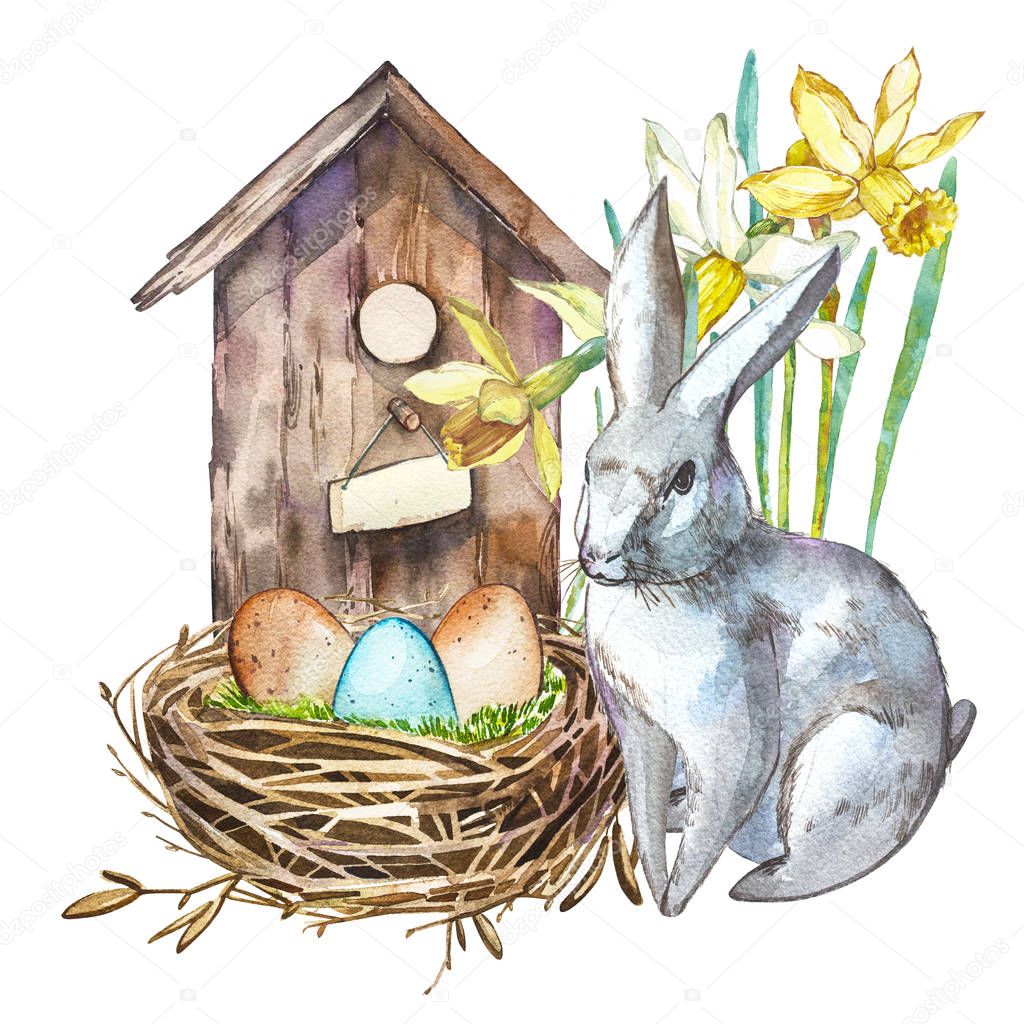 Watercolor birdhouse with Rabbit. Hand painted nesting box isolated on white background. Easter design